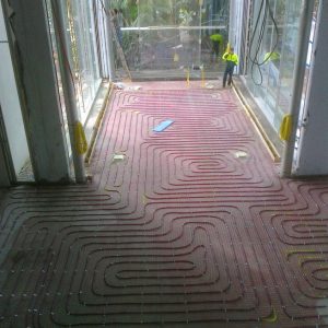 aerial view of screed hydronic floor heating pipe installed in living room